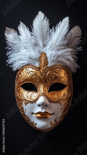 Elegant Venetian Mask Adorned With Feathers and Gold Decorations on a Dark Ba...