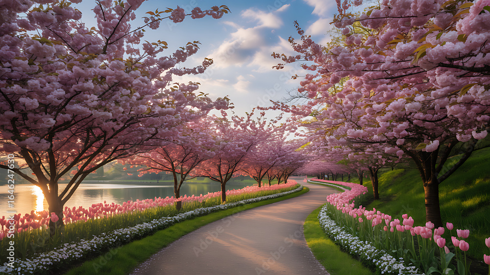 Naklejka premium Serene Spring Path Lined with Cherry Blossoms and Tulips