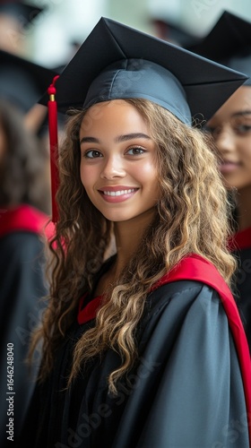 Graduation Celebration of Young Woman in Cap and Gown During Ceremony Indoors.