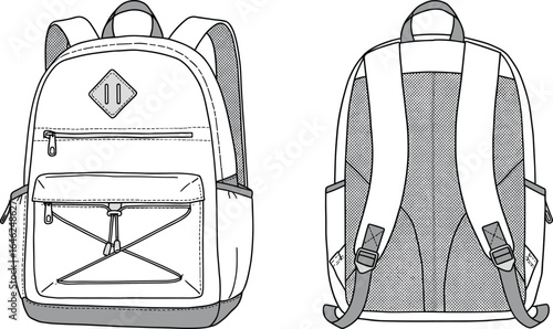 Technical backpack drawing, front and back view, zipper compartments, padded straps, breathable mesh, elastic cord, side pockets, gear design