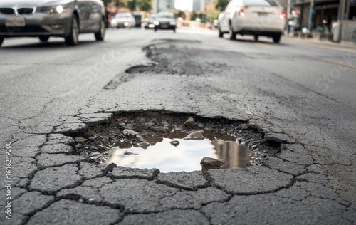 A close up of a pothole in the middle of the street