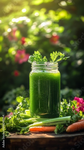 Fresh Green Smoothie in a Glass Jar Surrounded by Vegetables in a Garden Duri...
