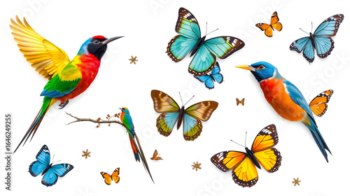 Set of colorful birds and butterflies isolated on white background.