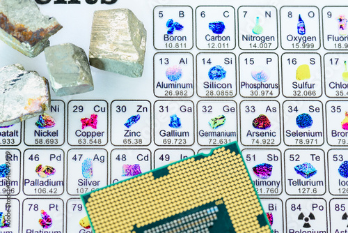 Semiconductor materials diplomacy, Germanium and Gallium trade control, U.S. - China trade truce : A CPU chip rests atop a Periodic Table highlighting rare earth elements like Gallium, Germanium.
