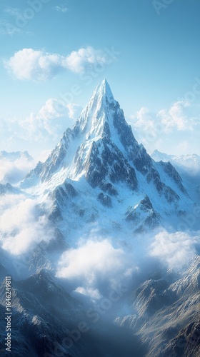 Majestic Snow-Capped Mountain Peak Rising Above Clouds in a Clear Blue Sky Du...