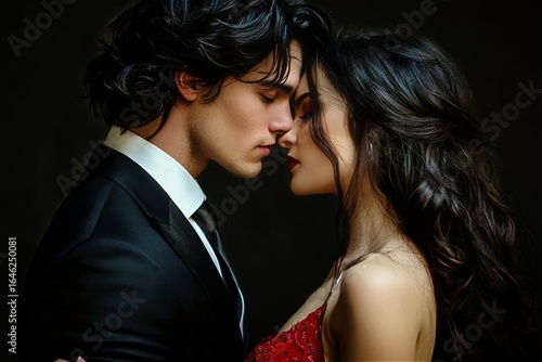 Couple Embracing Intimately During a Romantic Moment in Elegant Attire