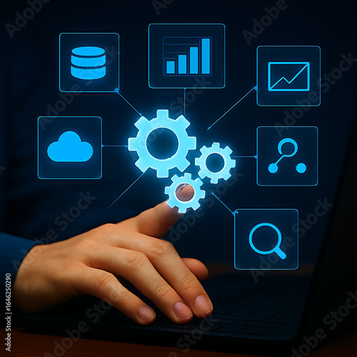 Person interacting with gears and digital icons for data analysis and cloud computing isolated on a transparent background