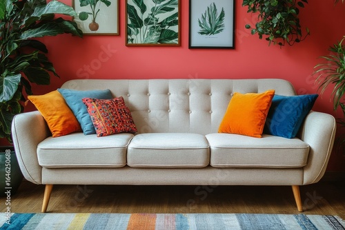 Comfortable Sofa Adorned With Colorful Cushions in a Vibrant Living Room Setting