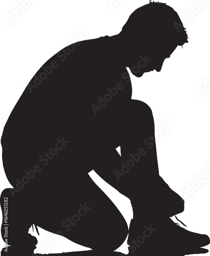 Silhouette of a young man kneeling and tying his shoelaces vector