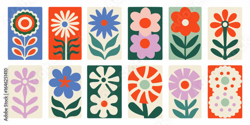 Vibrant mid century modern floral illustrations set
