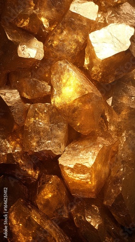Glimmering Golden Crystals Illuminated Under Soft Light in a Mineral Display