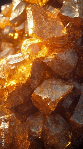 Glimmering Golden Crystals Illuminated Under Soft Light in a Mineral Display.