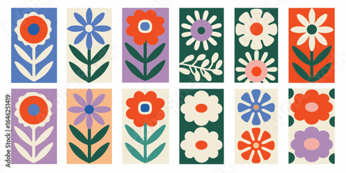 Vibrant mid century modern floral illustrations in a grid layout