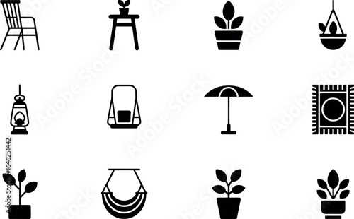 Modern minimalist patio icons: chairs, plants, hanging planters, and hammocks.