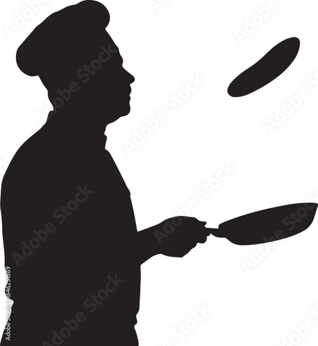 Black silhouette of a chef tossing a pancake in a pan cooking flipping