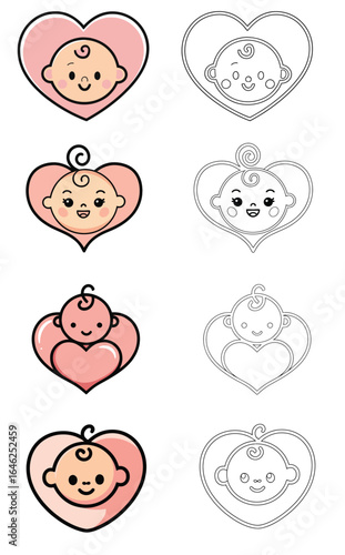 Baby Heart Icons Collection - Cute Infant Face Love Symbol Vector Set Line and Color