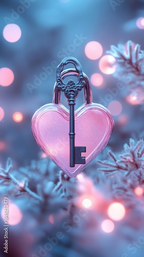 Decorative Heart Padlock With Key on Shimmering Surface During Romantic Celeb...