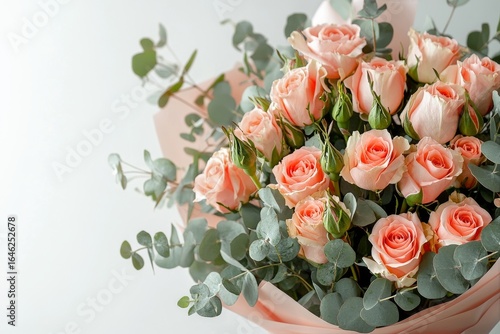 Beautiful Bouquet of Pink Roses and Eucalyptus Arranged for a Special Occasion