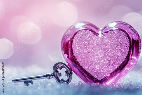 Heart Shaped Padlock With Key Surrounded by Sparkling Bokeh in Soft Colors.