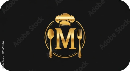 Elegant golden letter m logo with chef hat, spoon, and fork