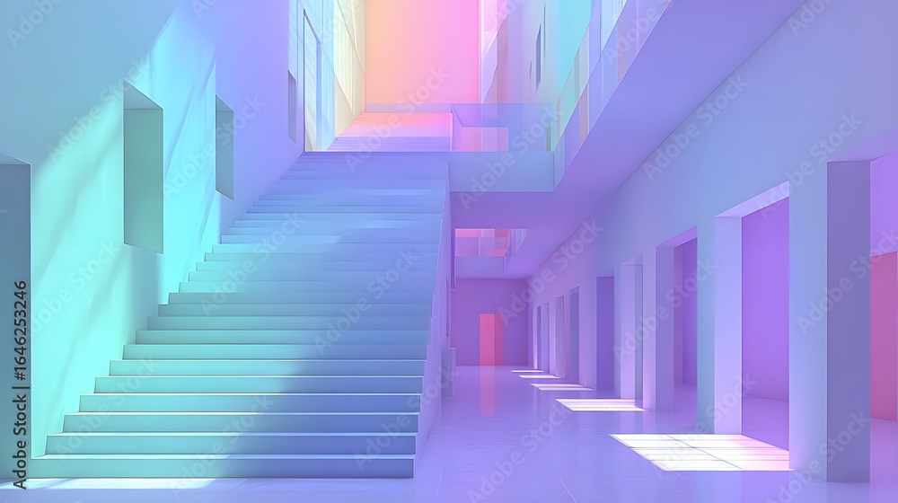 Fototapeta premium Colorful, vibrant interior hallway with stairs.