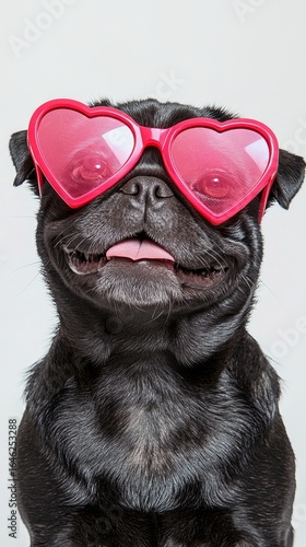 Pug Wearing Heart-Shaped Sunglasses Smiles Brightly Against a Simple Backdrop