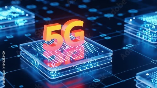 A futuristic network shows the 5g letters glowing above circuit boards Blue electric impulses emanate connecting technology in this modern telecommunications illustration