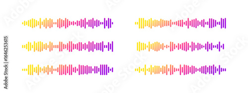 Podcast sound wave patterns with colorful gradient waveform for audio broadcasting and streaming. Vibrant frequency bars from yellow through pink to purple display rhythm dynamics for media players.