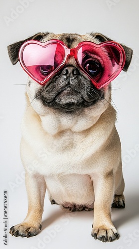 Pug Wearing Heart-Shaped Sunglasses Poses Playfully Against a Light Background