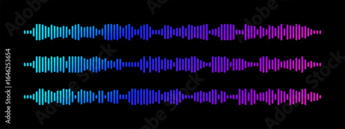 Podcast sound wave visualization with neon gradient waveform for digital audio streaming and broadcasting. Blue to purple frequency bars on black bg display rhythm dynamics for modern media interface