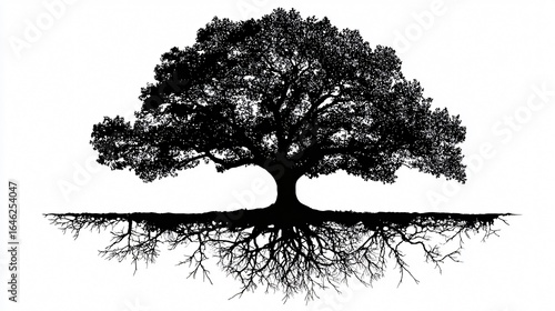 Majestic Black Silhouette Tree with Roots - Nature Landscape Illustration