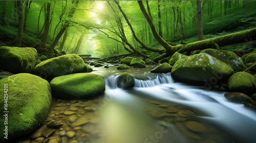 A serene forest stream flows through the woods, its gentle gurgling a soothing melody