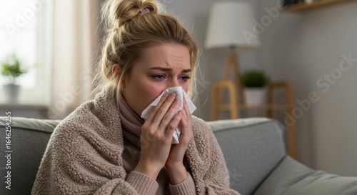 Sick Woman with Cold and Flu Symptoms Resting at Home
