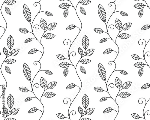 Elegant botanical pattern with black outline vines and leaves seamless repeat design for textiles and wallpapers simple and modern illustration backdrop
