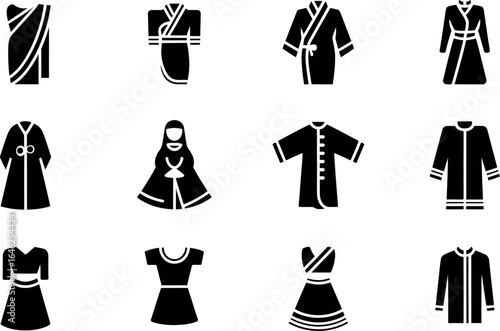 Global Traditional Clothing:  Stylish Black Glyph Icons Set