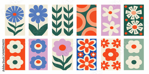 Retro flower patterns in bold colors and mid century modern style