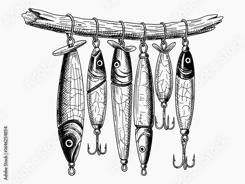 Line art illustration of vintage fishing lures hanging from a wooden branch. Isolated design element for educational and outdoor recreation use.