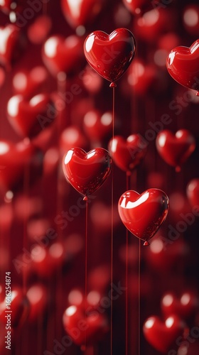 Red Heart Balloons Floating Against a Dark Background Create a Romantic Atmos...