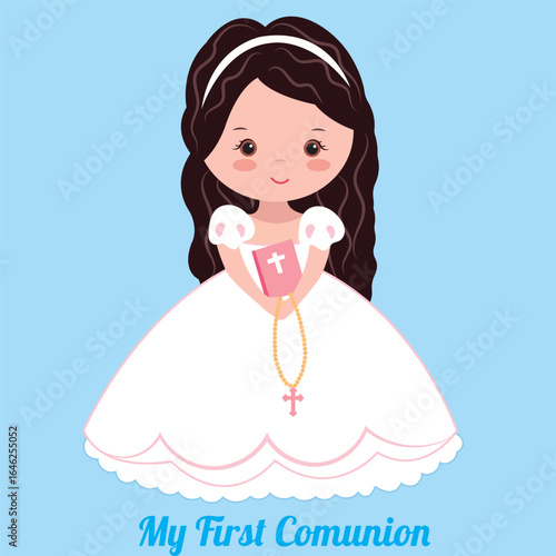 Flat design of a first communion girl with a rosary and a book