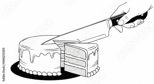 Cutting a delicious cake slice with a knife for a celebration, black and white line art