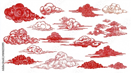 Chinese Red Clouds Silhouettes Icons Set for Cloudy Designs