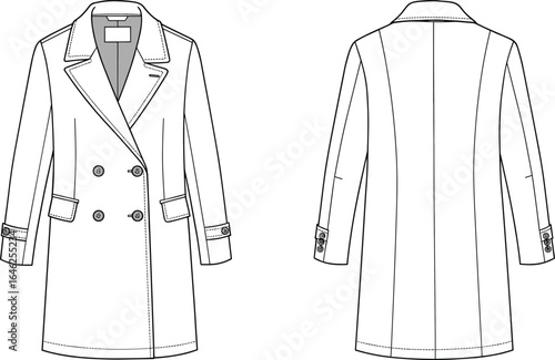 Technical drawing coat, double-breasted design, four buttons, notched lapel, flap pockets, sleeve straps, front and back view, fashion sketch