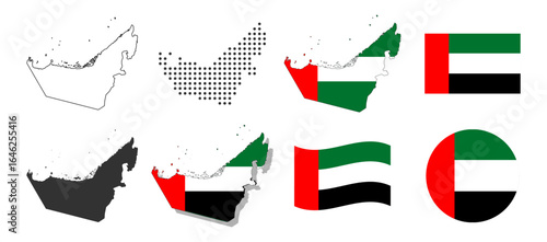 United Arab Emirates map and flag icon set on transparent background