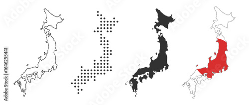 Japan map and flag collection with various styles and silhouettes on transparent background