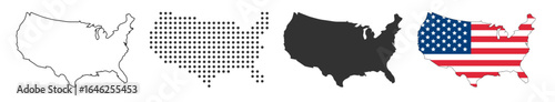 USA map and flag collection, silhouette, outline, patriotic design on transparent background