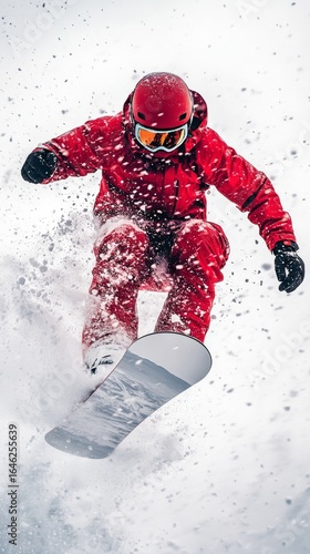 Snowboarder Performing a Trick in Fresh Powder During Winter at a Ski Resort.