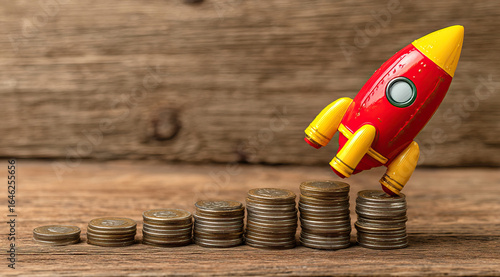 Rocket on top of stacks of coins and representing business growth and financial success