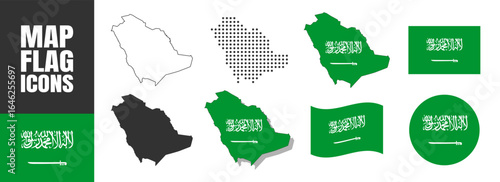 Saudi Arabia map and flag icons on transparent background
