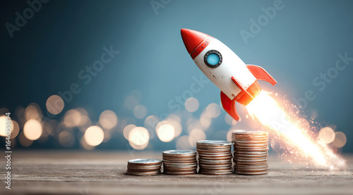 Rocket on top of stacks of coins and representing business growth and financial success