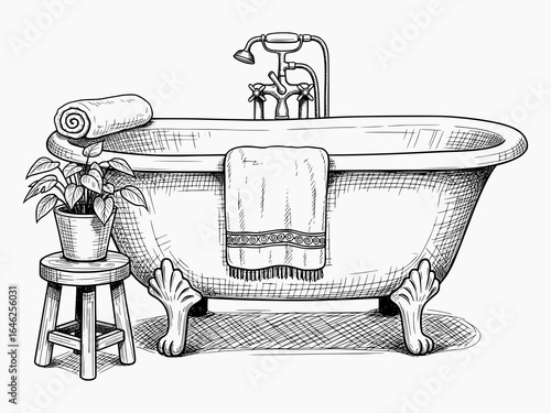 Line art illustration of vintage claw foot bathtub with towels and potted plant. Pen and ink sketch style, isolated design element.